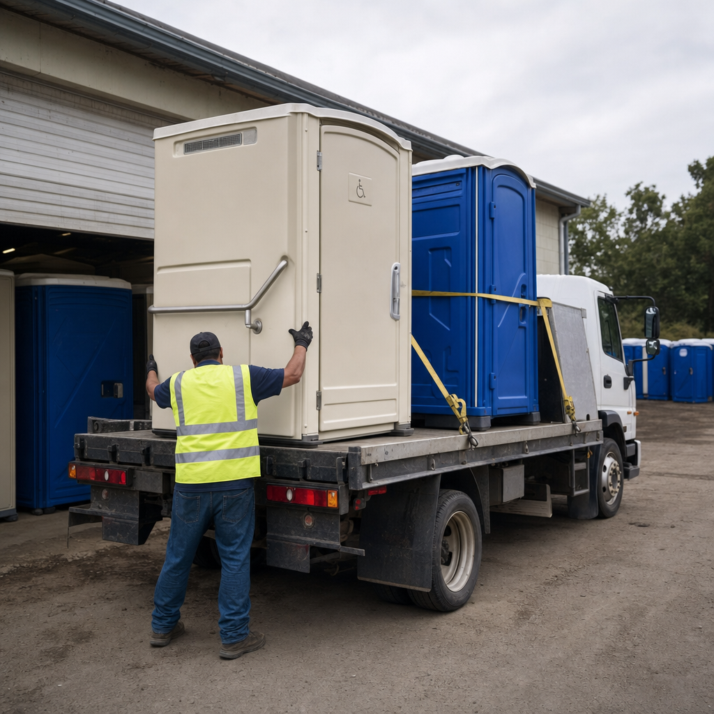 Family-owned portable toilet rental crew loading a clean royal blue ADA unit onto a flatbed delivery truck outside a modest depot building