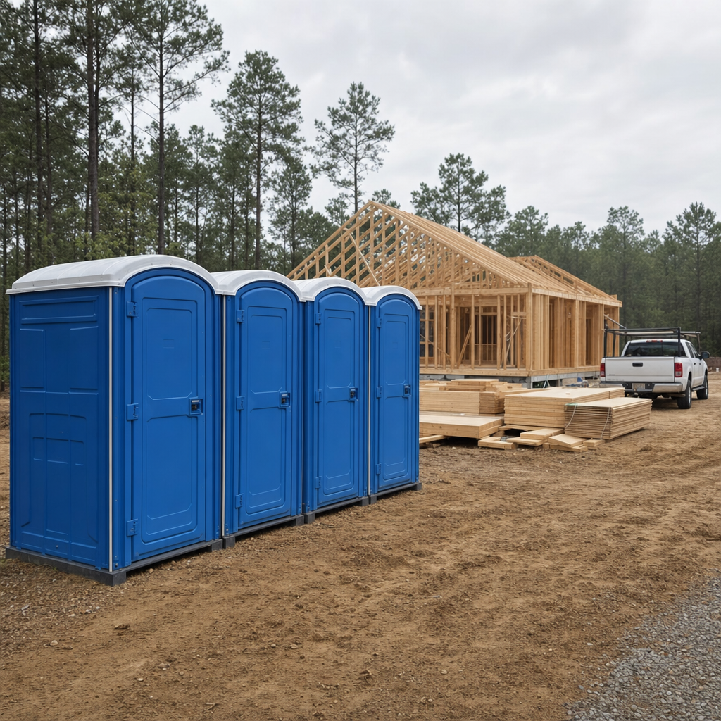 row of porta-potties on framing jobsite