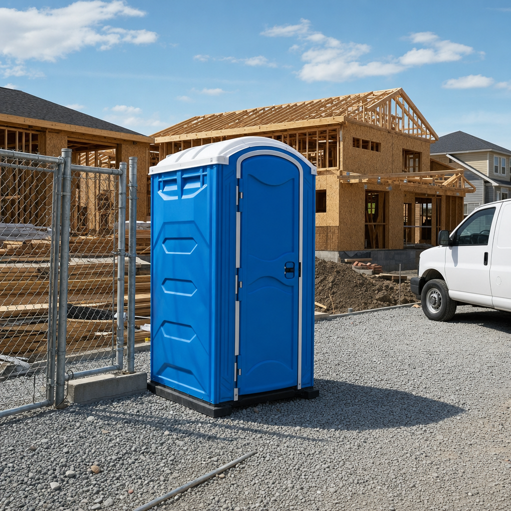 Royal blue portable toilet anchored on a gravel pad at an active construction site with framing visible in the background