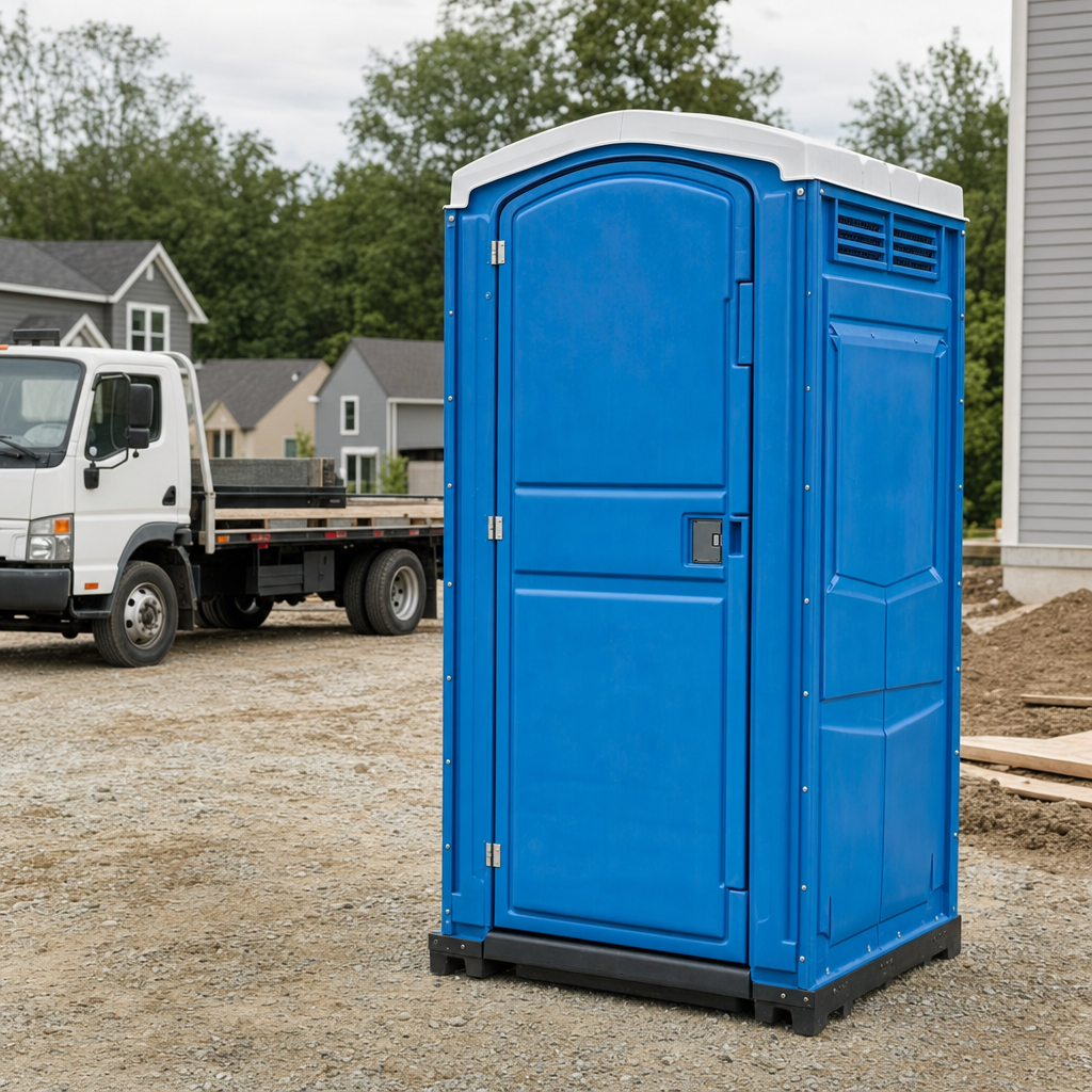 Delivery driver positioning a clean royal-blue portable toilet on level ground at a Salt Lake City worksite