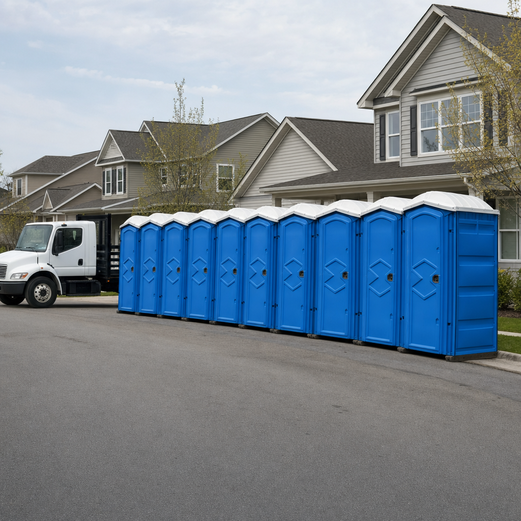 Royal blue portable toilets staged in a tidy row at a Salt Lake City jobsite, ready for delivery