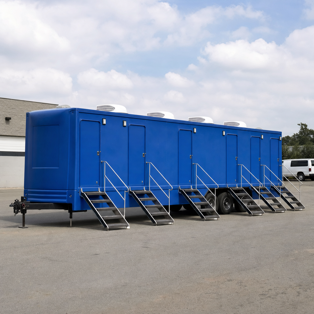 Eight-stall luxury restroom trailer parked level at a film set in clean daylight