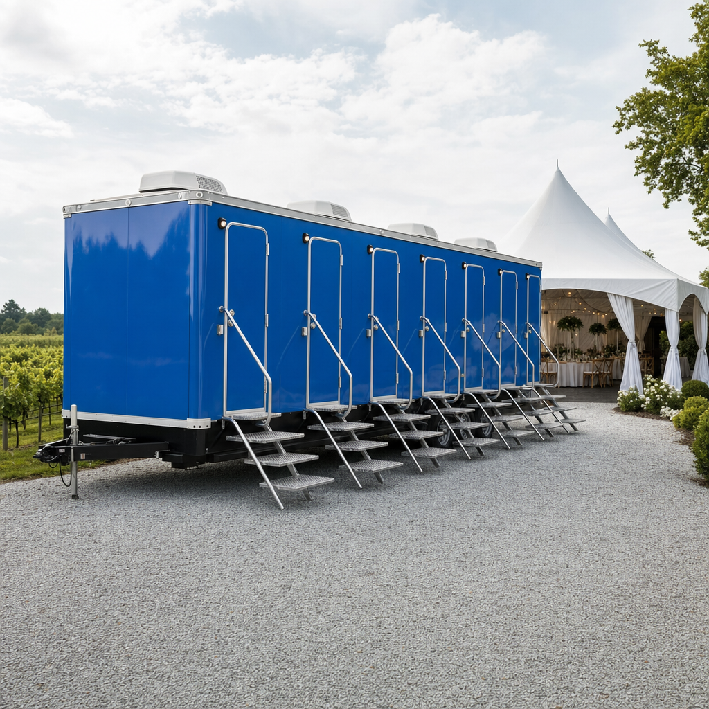 Large eight stall luxury restroom trailer staged on a level gravel pad beside a vineyard reception tent